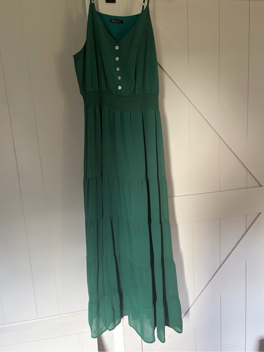 Smocked Waist Emerald Green Maxi Dress with Button V-Neck